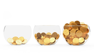 Three glass bowls with different levels of filling golden coins isolated on white background