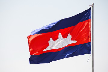 Flag of Cambodia waving in the sky.