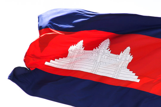 Flag of Cambodia waving in the sky.