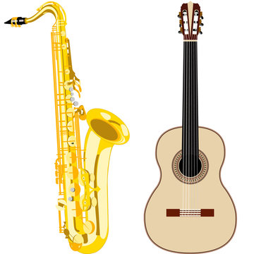 saxophone and guitar on a white background with