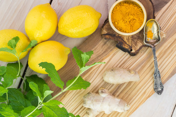 Ingredients for ginger, lemon, mint infused turmeric water.