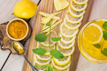 Ginger, lemon, mint infused turmeric water and ingredients.