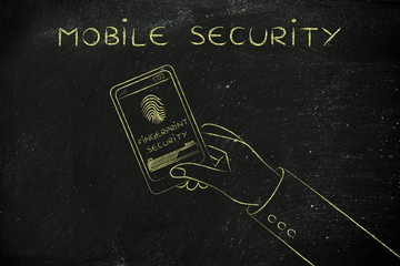 mobile security, smartphone screen with fingerprint scan in prog
