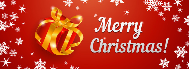 christmas banner with greeting white text on right and red gift 