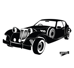 Monochrome retro car, front view black auto silhouette, luxury vintage automobile on white background, hand drawing style for design card, banners, flyer, print. car rental for driving in the city