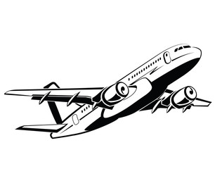 Airplane, plane on takeoff, passenger plane. Airlines. Airport and travel transport. Business and economy class. Symbol and icon vector design, monochrome style, hand drawing