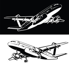 Set of two the plane is landing and takeoff gear, on a white and black background Airplane icon in a monochrome style. Airlines. Flying in the sky plane. Aircraft silhouettes high full. Business trip