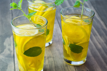 Ginger, lemon, mint infused turmeric water.