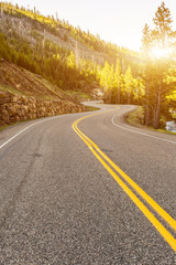 Fototapeta premium Asphalt road sharp curve along with sunflare in front. Yellowsto