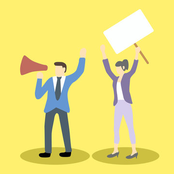 businessman and businesswoman are protesting with megaphone and blank placard holding. Cartoon vector illustration concept for social issues