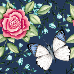 Rose and butterfly blue pattern. Watercolor hand drawn. Vector illustration