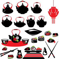 Set of asian food icons - teapot, sushi.