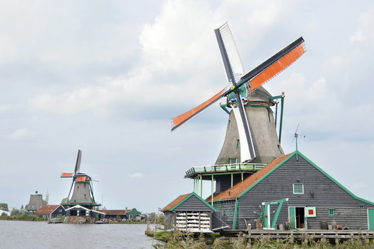 Windmills in villlage Zaanse Schans, Holland