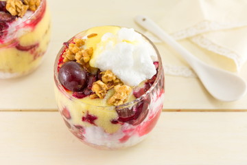 Homemade granola parfait with cherries and cream