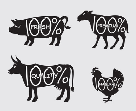 monochrome illustration of four farm animals
