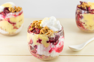 Homemade granola parfait with cherries and cream