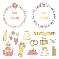 Cute doodle wedding, engagement objects collection 