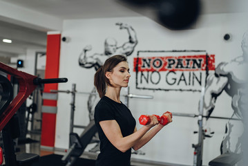 Fototapeta na wymiar Beautiful girl in the gym with weights
