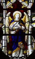 Obraz premium Angel holding a dove in stained glass