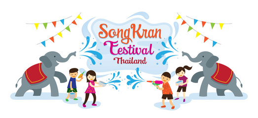 Songkran Festival, Kids Playing Water with Elephants, Thailand Traditional New Year's Day