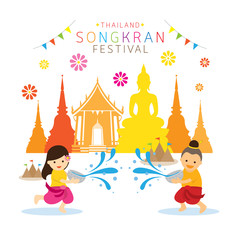 Songkran Festival, Kids Playing Water in Temple, Traditional Thai Clothing, Thailand Traditional New Year's Day