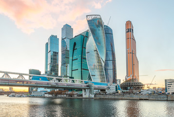 Pedestrian bridge Bagration in the winter at sunset.
