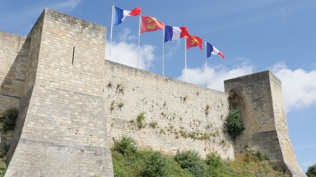 Famous William the Conqueror castle walls in city of Caen France 4K 2160p UltraHD footage - Tilting on Chateau Caen in Normandy by the day 4K 3840X2160 UHD video 