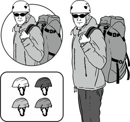 climber with a backpack and a helmet of black and white set