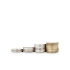 row of coin money on white background.