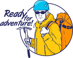 climber with a backpack and holding a helmet ice ax ready for adventure circle