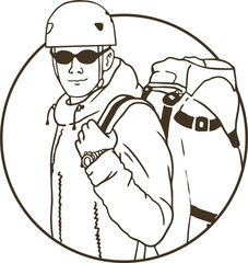 extreme hiker with a backpack and a helmet line circle