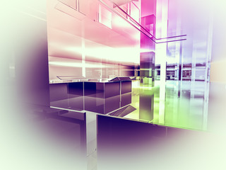 house open space, clean room with shapes in 3d, business space,
