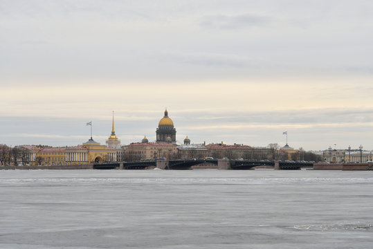 View of Frozen Neva River in center of St.Petersburg.