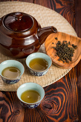 Asian tea set on bamboo mat,Closeup.