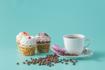 Breakfast with cupcakes and french macaroons