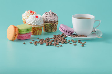 Breakfast with cupcakes and french macaroons