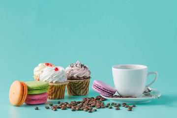 Breakfast with cupcakes and french macaroons