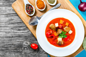 Beef stew with vegetables or goulash, traditional hungarian meal