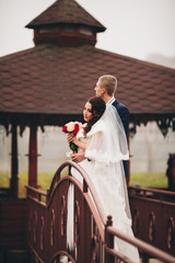 Obraz premium Happy wedding couple, bride and groom posing in park autumn