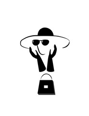 woman face in sunglasses and elegant hat with bag