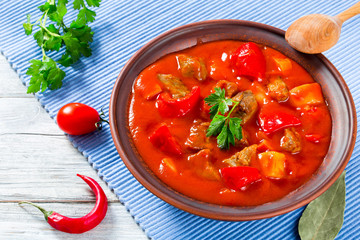 Beef stew with vegetables, goulash, traditional hungarian meal,