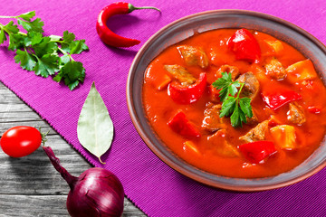 Beef stew with vegetables or goulash, traditional hungarian meal