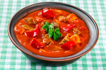 Beef stew with vegetables, goulash, traditional hungarian meal,