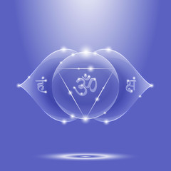 Vector illustration ajna. Chakra glossy icon. The concept of blue third eye chakra for design at India stile.