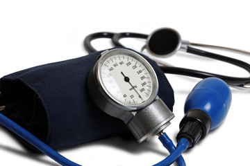 Professional Blood Pressure Kit isolated on white. Shallow focus.