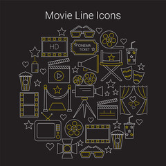 Movie Vector Line Icons set Circular Shaped. Cinema symbols. Movie camera, filmstrip, clapperboard, popcorn.
