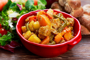 steamed mix of vegetables with meat and green beans