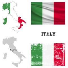 Карта и флаг Италии в старинном и современном стиле.