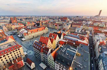 Panorama of the central part of Wroclaw city at sunset