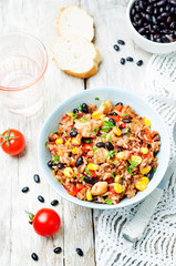 Black beans, corn and tomato red and white rice with chicken